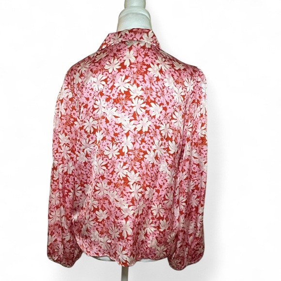 Eclair Blouse Floral Tie Front Button Down Satin Long Sleeve Red Pink Medium - Picture 3 of 5